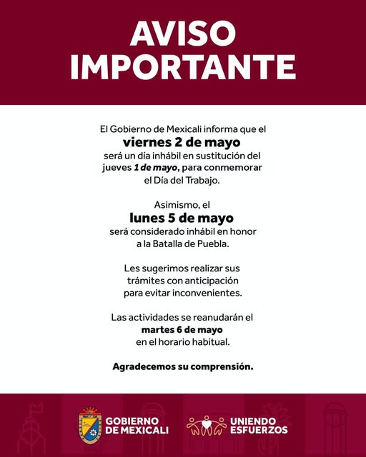 Lee más sobre el artículo VIERNES Y LUNES DIAS INHÁBILES PARA AYUNTAMIENTO DE MEXICALI. HABRÁ GUARDIAS EN ALGUNAS OFICINAS.